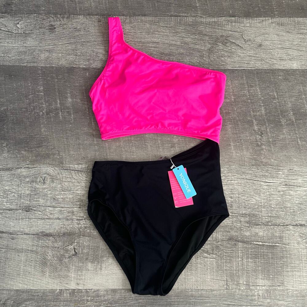 Younique NEW One Piece Swimsuit Womens Small One Shoulder Cutout Hot Pink Black